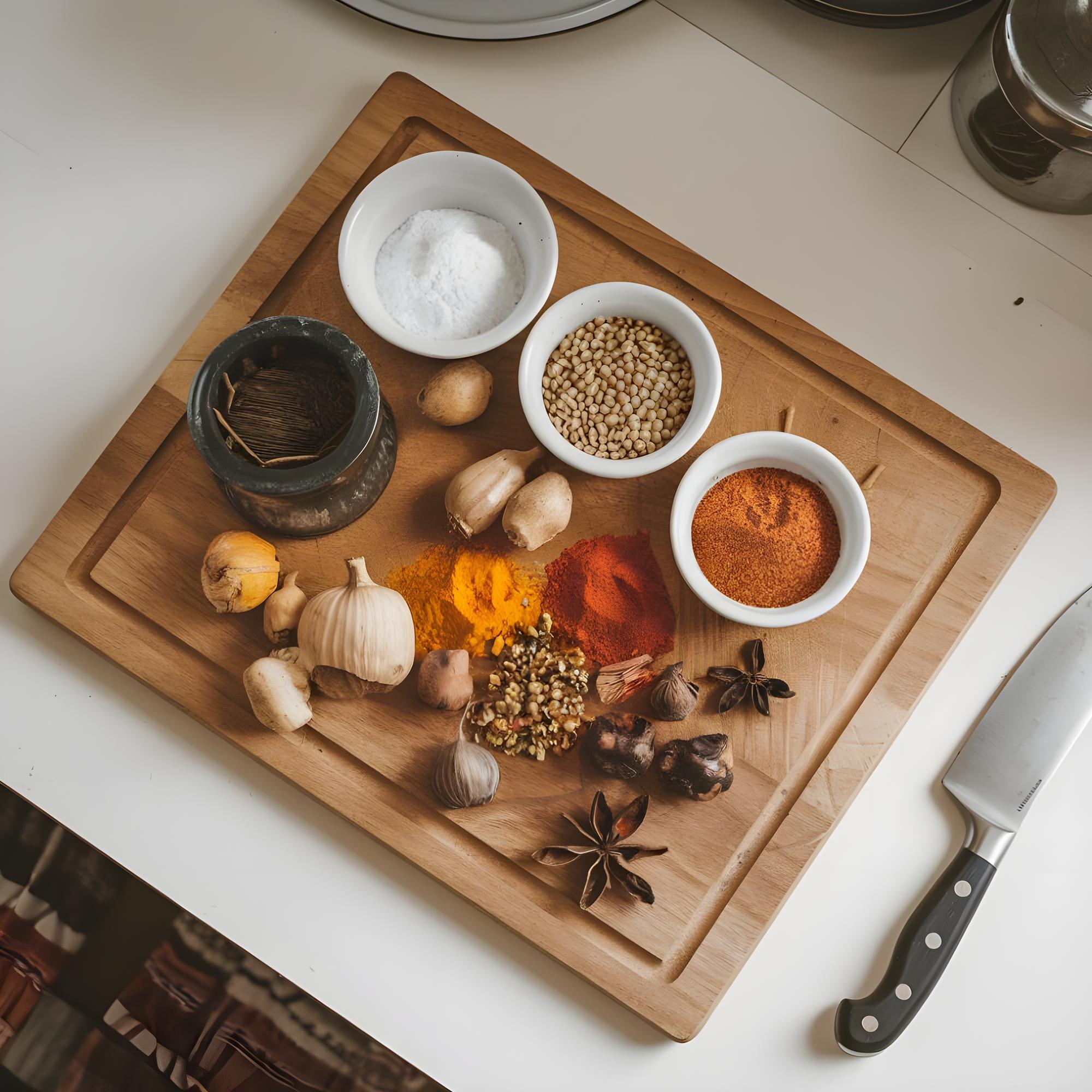 Assorted spices and tools on countertop